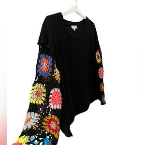 UMGEE granny square Crochet Sleeves Size IX Black Boho Hippie shirt